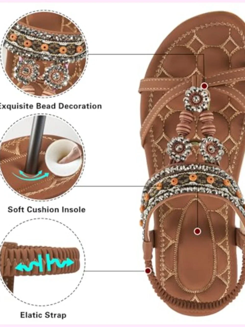 Bohemian Rhinestone Bead Embellished Flat Sandals with Elastic Ankle Strap